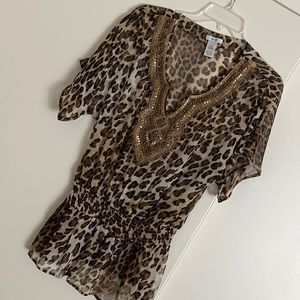 Cache 100% silk leopard top with beautiful gold beaded detail